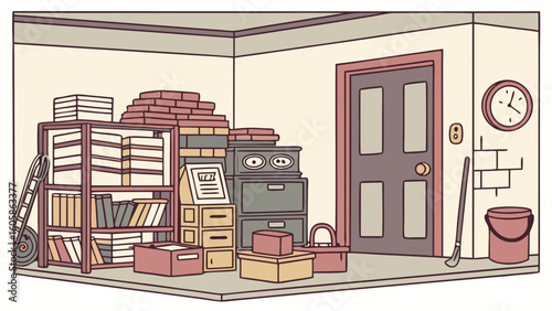 Cluttered Storage Room Illustration with Stacks of Boxes, Files, and Office Supplies in a Messy Archive Space