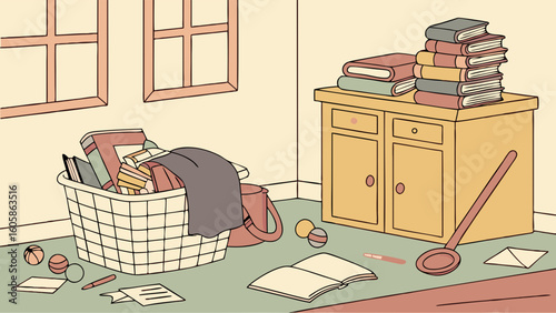 Untidy Room Interior with Books, Laundry Basket, and Scattered Items Illustration