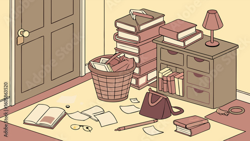Cluttered Room Corner Illustration with Stacked Books, Scattered Papers, and Personal Items on the Floor