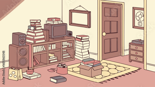 Cluttered room interior with stacks of books, vintage TV, and speakers. Disorganized living space illustration.