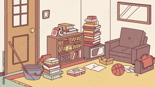 Cluttered room illustration with scattered books, papers, and household items, depicting disorganization and untidiness.