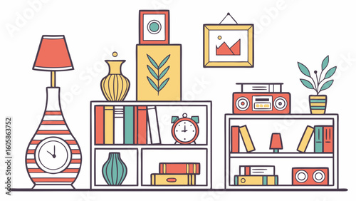 Modern Flat Design Home Interior Shelf with Books, Lamp, and Decorative Items