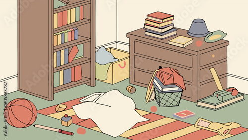 Messy Room Interior Illustration with Books, Clothes, and Household Clutter