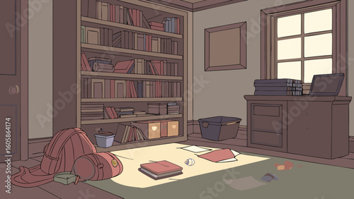 Cozy Illustrated Study Room with Bookshelves, Desk, and Natural Light