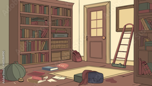 Illustrated Messy Study Room with Bookshelves, Ladder, Scattered Books, and Personal Items