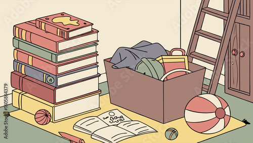 Home Clutter Illustration: Stacked Books, Storage Box, and Play Items in a Room Corner with Ladder