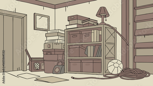 Cluttered Storage Room Illustration with Boxes, Shelf, Lamp, and Old Items. Disorganized Attic or Basement Space.