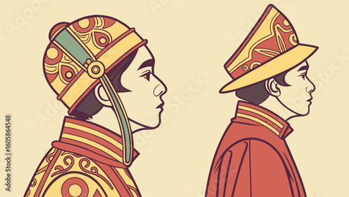 Profile Illustration of Two Asian Men in Traditional Ornate Attire and Ceremonial Hats