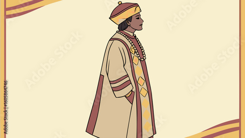 Historical figure in traditional robes and hat, cultural illustration of ancient regality