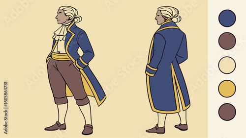 Historical Fantasy Male Character Design in Blue Coat with Gold Trim and Ruffles. Full Body Views and Color Palette.