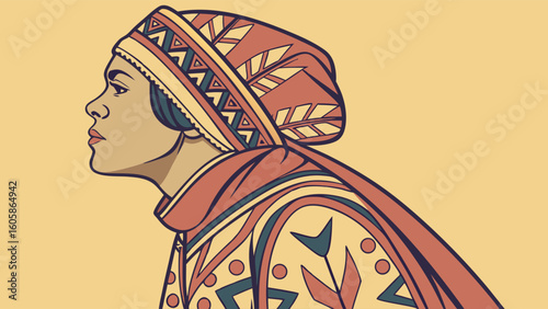 Woman in folk art patterned headscarf and attire, side profile illustration