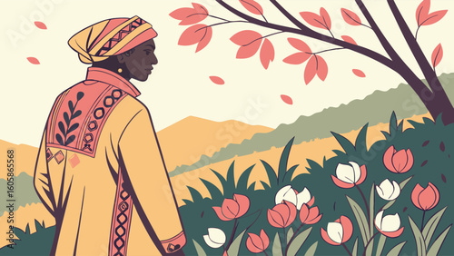 Woman in traditional patterned attire looks at vibrant spring landscape with flowers and hills, a serene cultural scene.