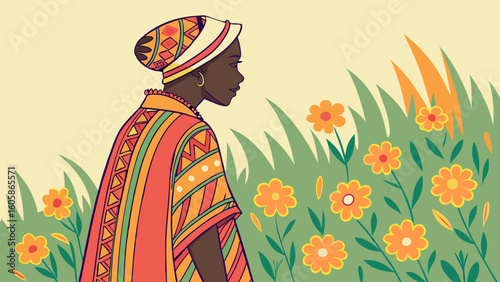 Serene woman in vibrant traditional attire walking through a blooming flower field