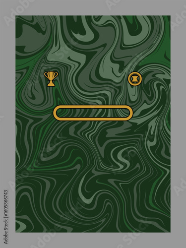 Abstract marbled texture game interface with gold trophy and coin icons and progress bar