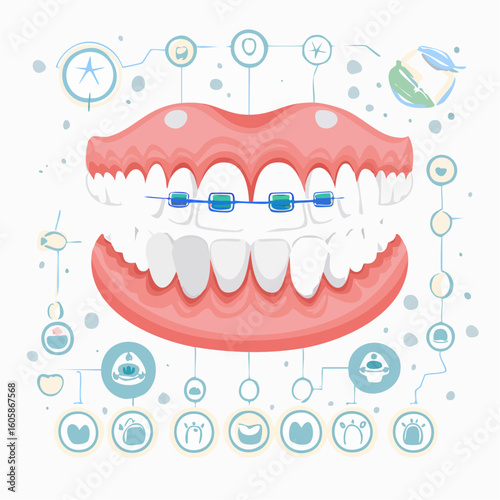 Smiling Mouth Vector Illustration with Braces, Cavities, and Healthy Teeth Dental Care and Oral Hygiene