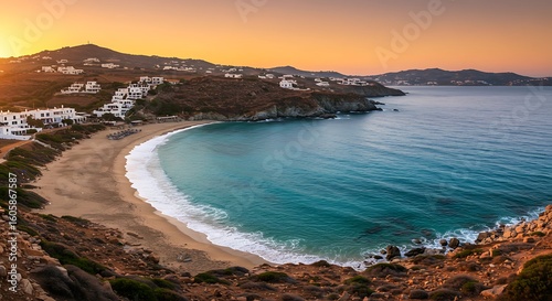 Exploring Scenic view of Paralia Platis Gialos beach in Mykonos during autumn with waves and sunset.