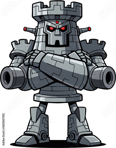 A cartoon robot fortress, standing guard with crossed arms and cannons.