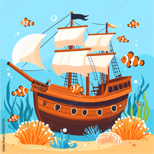 Cartoon illustration of a sunken pirate ship surrounded by coral reef and clownfish in a blue ocean setting, perfect for children's books and sea-themed backgrounds.