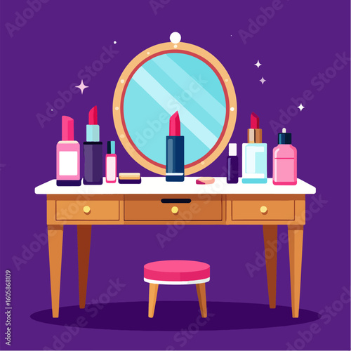 Illustrated makeup vanity table with a round mirror, stool and various beauty products displayed on a purple background with shining stars adding a touch of elegance.