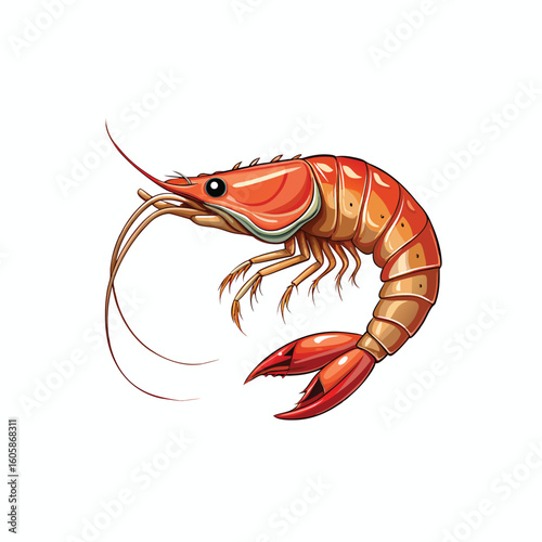  elegant, realistic and glossy stylized shrimp with close-up vector illustration and element for logo, symbol emblem, sign, poster isolated on white background