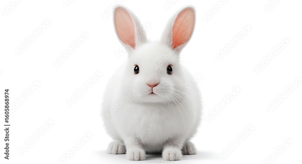 Fototapeta premium Adorable Fluffy White Bunny Rabbit Sitting Still on a Clean White Background, Capturing a Cute Animal Portrait
