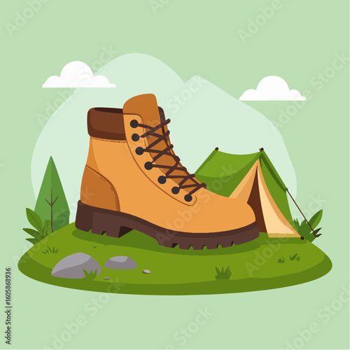 Illustration depicting a hiking boot resting near a tent in a mountainous landscape, conveying a sense of outdoor adventure and camping in nature with its serene background.