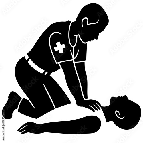 First Aid Rescuer Performing CPR on Victim