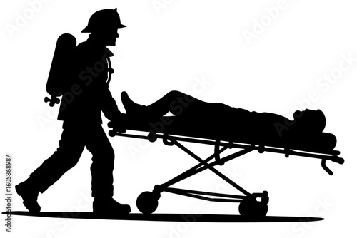 Rescue Operation Silhouette of Firefighter with Stretcher