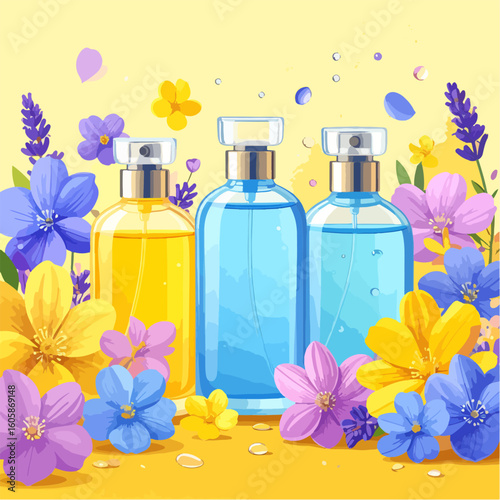 Three perfume bottles in shades of yellow and blue, surrounded by a variety of bright, colorful flowers on a yellow background, creating a fresh and vibrant composition.