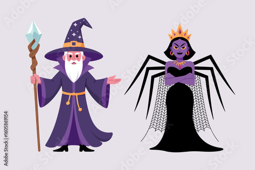 Halloween wizard and spider queen pair with staff, crown, black spider legs, fantasy costume, vector illustration