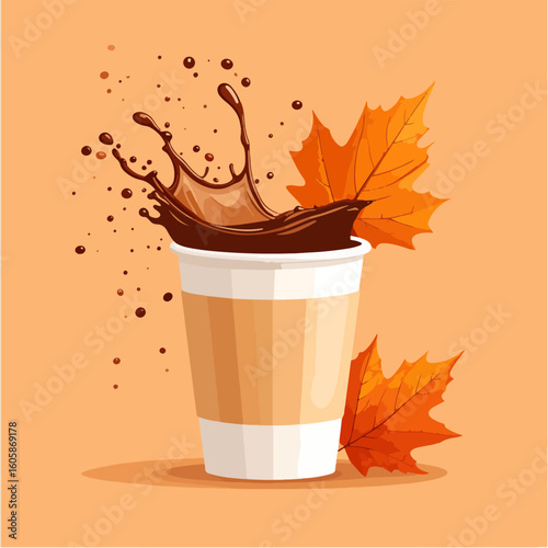 An illustration of a paper cup with hot chocolate splashing and maple leaves, depicting autumn vibes, cozy warmth, and seasonal beverages.