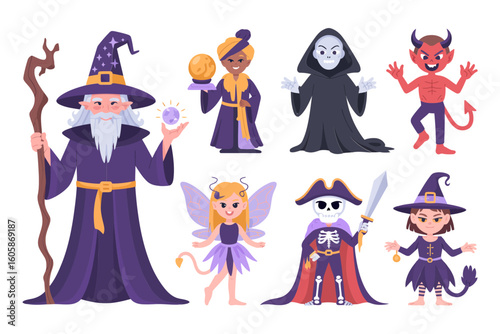 Halloween fantasy character set with wizard, reaper, fairy, devil, witch, skeleton, playful costume collection