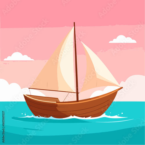 Cartoon illustration of a sailboat sailing on a calm turquoise sea with a pastel pink sky and white clouds, evoking a sense of peace and tranquility on the open water.