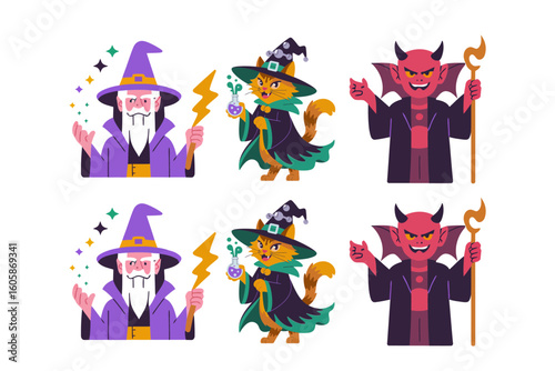 Halloween fantasy duo set with wizard, dragon, devil, magic staff, playful character collection, vector illustration