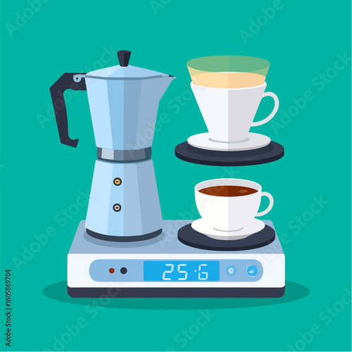 Flat vector illustration of the various coffeemakers and brewing methods, with an Italian moka pot, a pour-over dripper, and a coffee cup on a modern warming base.