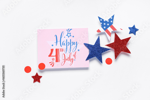 Greeting card for Independence Day with paper stars in colors of USA flag on white background