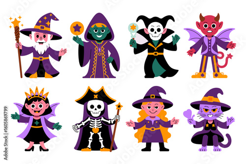 Halloween costume collection with princess, vampire, skeleton, witch, devil, playful character set, vector art