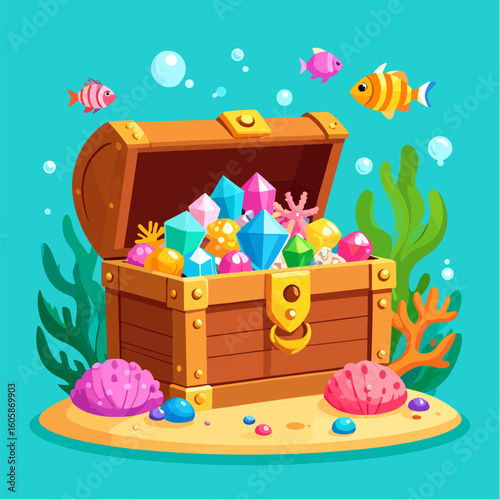 Cartoon treasure chest overflowing with gems and gold coins, surrounded by colorful fish, coral, seaweed, and bubbles in a vibrant underwater scene.