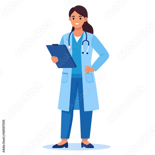 Smiling female doctor holding a clipboard, ready to examine a patient.