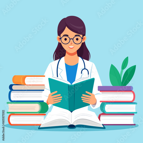 A smiling female doctor reads a book, surrounded by stacks of colorful books.