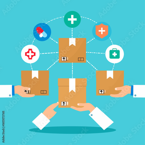 Medical professionals exchanging packages representing healthcare services and supplies.