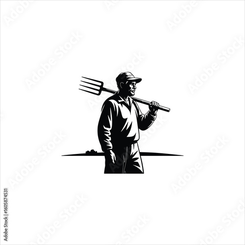 Silhouette of a farmer with a pitchfork on his shoulder agriculture