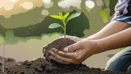 Planting new tree seedling in soil hands gardening reforestation environment conservation agriculture growth project is 100
