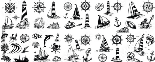 Black and white flower silhouettes, a vector icon set for summer travel and nautical designs