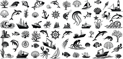 Seamless black and white floral pattern with a set of flower silhouettes, perfect for vintage tattoo designs or decorative elements