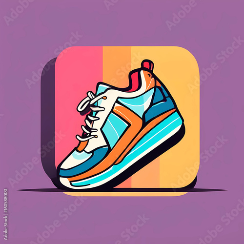cartoon illustration of one colorful sneaker/tennis shoe (teal, orange, cyan, white) against a colorful stylized bold background (purple, pink, orange, )
