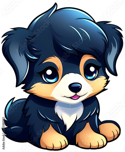 cute cartoon sticker art design of a fluffy black, tan, and white shepherd puppy dog (transparent background)
