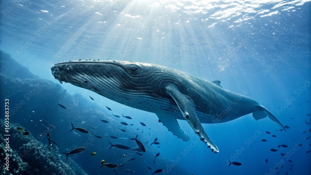 Fototapeta premium Majestic Humpback Whale Swimming Elegantly in Clear Blue Ocean
