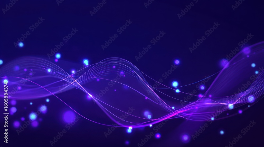 Fototapeta premium Abstract purple and blue wave design with glowing particles.
