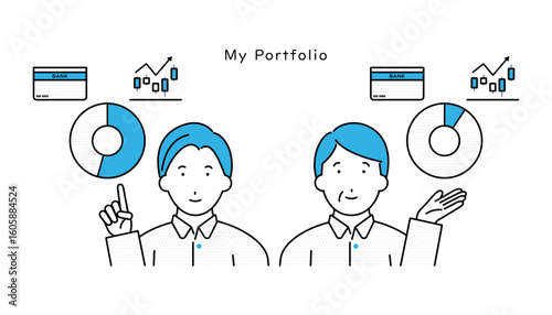 貯金と投資のポートフォリオを見せる若い男性と中年の男性のイラスト